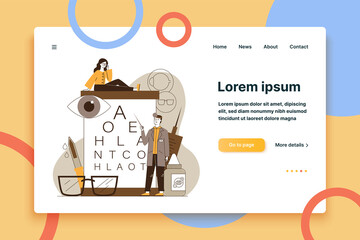 Male ophthalmologist checking woman eyesight. Female patient in glasses sitting on eye chart flat vector illustration. Vison test, ophthalmology concept for banner, website design or landing web page