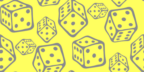 Cute doodle seamless pattern with outline gray cubes for board game on yellow illuminating. Flying cubes isolated on yellow background. Perfect for children's playroom, textiles, packaging. Stay home.