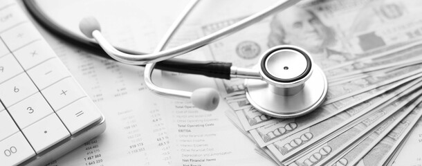 Stethoscope, calculator and money cash on medical data. Concept of health care costs or medical...