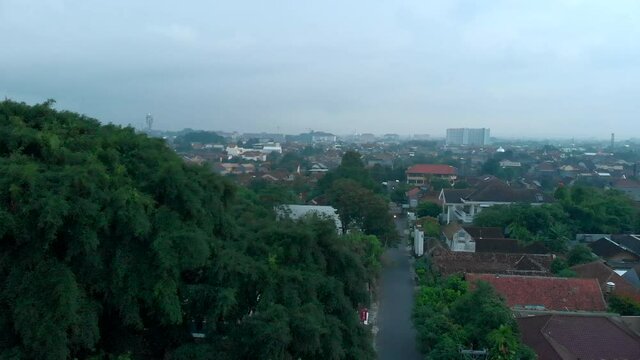 Aerial landscape view of small road in local neighbourhood in evening during covid19 pandemic Yogyakarta city, Indonesia