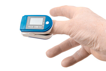 Close up Finger with Pulse Oximeter Measurement. Reduced oxygenation is an emergency sign of pneumonia, for instance caused by coronavirus. Pulse oximeter and hend isolated on white background.