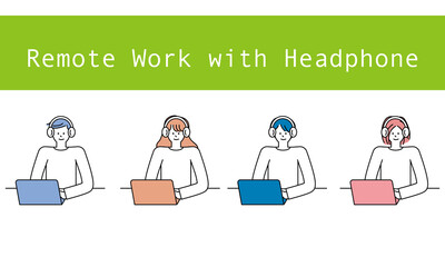 リモートワーク・テレワーク・在宅勤務でヘッドフォンをつけているイラストセット