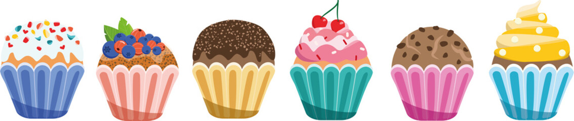 Vector illustration of colorful delicious cupcakes