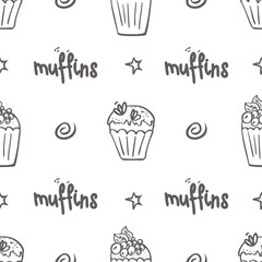 Black and white cupcakes seamless pattern. Hand drawn muffins background. Great for coloring book, wrapping, printing. Vector illustration