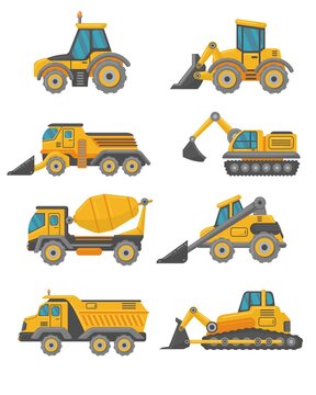 Yellow construction trucks flat vehicles set. Cartoon excavators, crane trucks, tractors and bulldozers isolated vector illustration collection. Building machines and industry concept