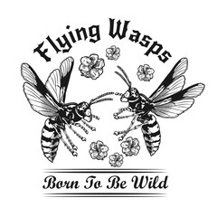 Two wasps in flowers black and white tattoo vector illustration. Vintage flying wasps and blossoms. Dangerous insects and fauna concept can be used for retro template, banner or poster