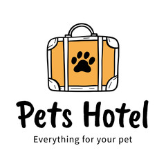 Vector hand drawn logo for a Pets hotel in the Doodle style with bag and paw