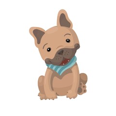 Cute cartoon french bulldog vector isolated on white background. Adotable puppy in a striped kerchief. Vector illustration isolated in white background.