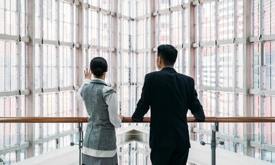 Rear view of two business colleagues discussing project in modern office building with big windows
