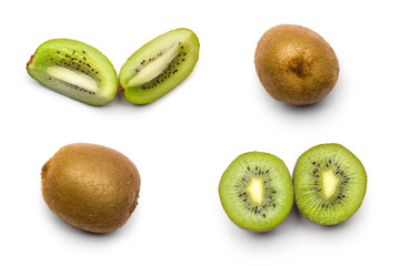 top view kiwi fruits with slices on white background