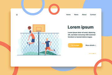 Happy young men playing basketball on court. Two team players training at fence and throwing ball into basket. Vector illustration for urban stadium, sport activity concept