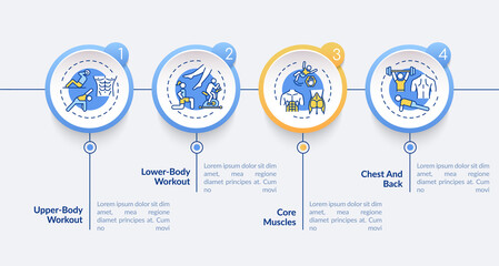 Exercising types vector infographic template. Lower-body workout, chest, back presentation design elements. Data visualization with 4 steps. Process timeline chart. Workflow layout with linear icons