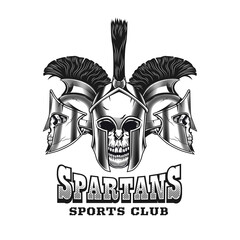 Spartan skulls emblem design. Monochrome element with Rome fighter helmets vector illustration with text. Fight or sport club concept for symbols and labels templates