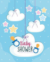 Baby shower, hanging stars and clouds pacifier invitation card