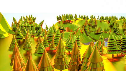 three-dimensional low poly golden landscape. trees and mountains. 3d render illustration