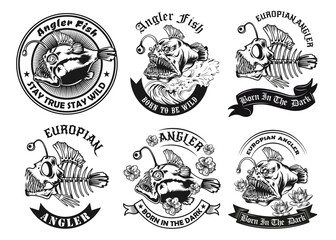 Black angler fish label designs vector illustration set. Vintage predator fish from ocean. Underwater fauna and wildlife concept can be used for retro template, banner or poster