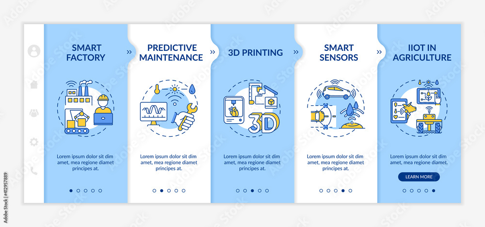 Poster industry 4.0 tendencies onboarding vector template. smart factory. 3d printing. iiot in agriculture.