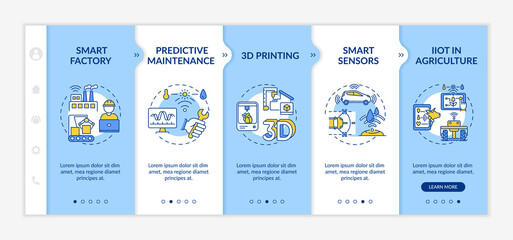 Industry 4.0 tendencies onboarding vector template. Smart factory. 3D printing. IIoT in agriculture. Responsive mobile website with icons. Webpage walkthrough step screens. RGB color concept