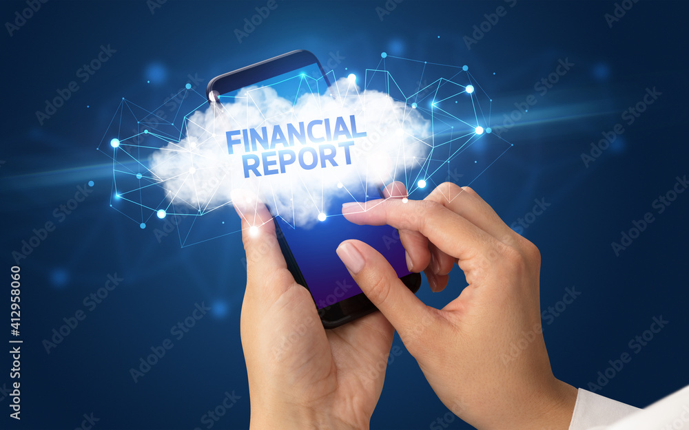 Wall mural female hand touching smartphone with financial report inscription, cloud business concept