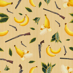 Seamless Pattern with Bananas and Old West Shooters