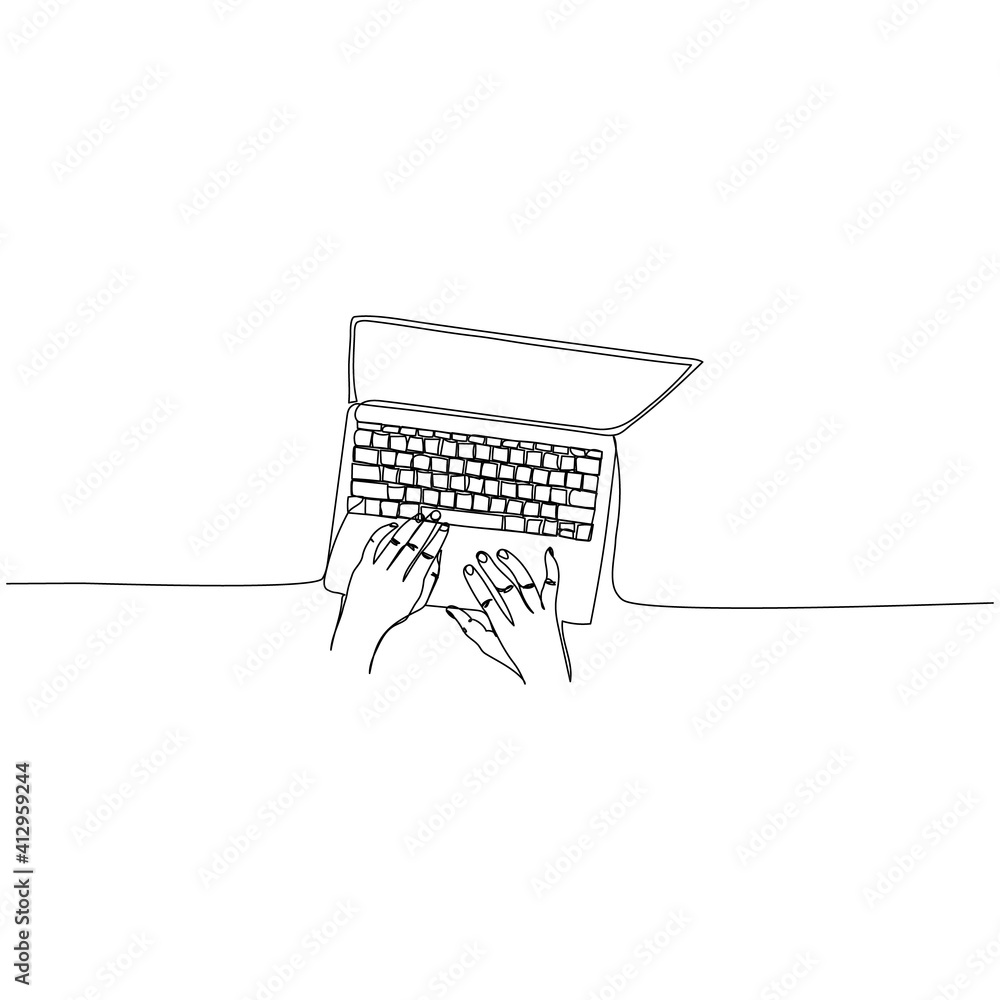 Fototapete Hands on computer. Continuous one line drawing. Minimalist design. Vector illustration.