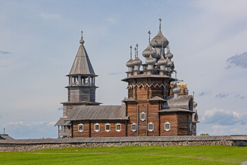 View of Kizhi churchyard (Pogost) - historical site 17th century on Kizhi island, Onega lake, Karelia, Russia