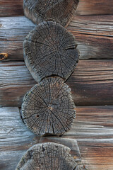 Wooden felling close up. Fragment of old traditional wooden farm house, Karelia, Russia