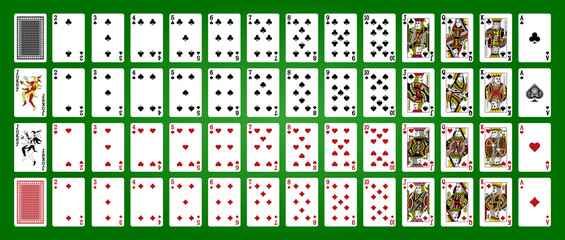 Playing cards, simplified version. Poker set with isolated cards. Poker playing cards, full deck. - obrazy, fototapety, plakaty