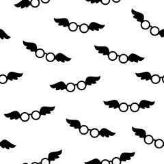 Seamless pattern with black Hipster Glasses with wings. Creative glasses texture.
