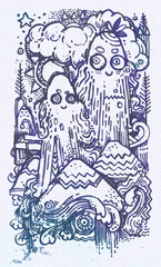 Hand drawn doodle illustration with funny ghosts and snow.