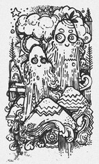 Obraz premium Hand drawn doodle illustration with funny ghosts and snow.