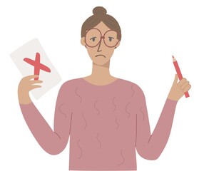 Woman with cross on ballot paper and red pencil in hand. Flat icon design. Vector stock illustration.