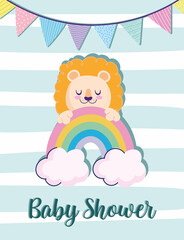 Baby shower cute lion rainbow and pennants decoration card