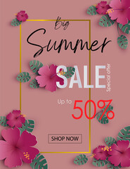 Summer sale background paper art style with paper cut hibiscus flowers and tropical leaves for banner, poster, promotion, web site, online shopping, advertising. Vector illustration.