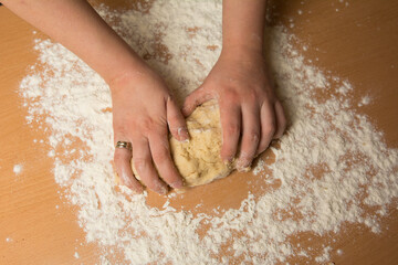 Female hands making dough for baking or bread.