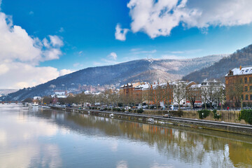 Heidelberg, Germany.  View on Odenwald forest hill with historical castle and neckar river. View...