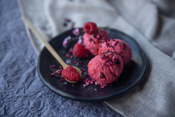 raspberry homemade ice cream on black plate 