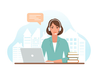 Woman with headphones and microphone with laptop. Customer support department staff, telemarketing agents. Online  helpdesk, call center. Vector illustration in flat style. 