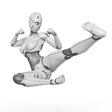 gynoid is the super fembot is kicking up in white background