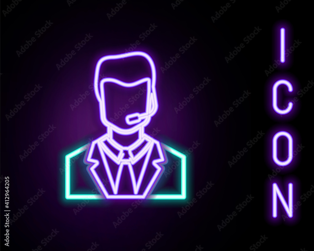 Poster glowing neon line man with a headset icon isolated on black background. support operator in touch. c