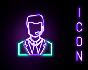 Glowing neon line Man with a headset icon isolated on black background. Support operator in touch. Concept for call center, client support service. Colorful outline concept. Vector.