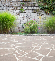 Beautiful garden terrace with natural stone pavement. - 412964407