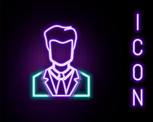 Glowing neon line User of man in business suit icon isolated on black background. Business avatar symbol - user profile icon. Male user sign. Colorful outline concept. Vector.