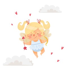 Cute little angel girl in the cloud. Valentines Day card. Vector illustration