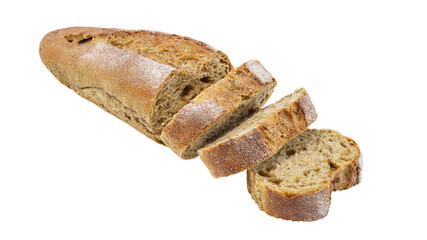 Bread sliced, dark, long loaf isolated on a white background with clipping path, element of packaging design.