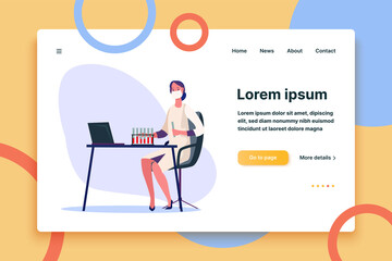 Medical worker in white coat working in lab. Female worker with test-tube flasks with substances flat vector illustration. Clinical analysis concept for banner, website design or landing web page