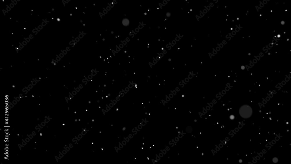 Poster light soft snow falling isolated on black 4k seamless loop. place it over your footage in screen or 