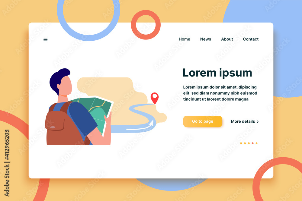 Poster man looking for route on map. geolocation, direction. flat vector illustration. navigation concept c