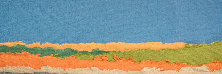 blue sky over hills abstract landscape - a collection of colorful handmade Indian papers produced from recycled cotton fabric, panoramic web banner
