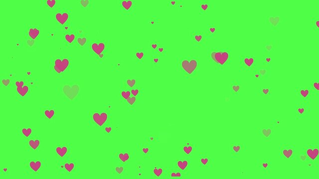 many hearts, Animated pattern, seamless pattern. Background of hearts, canvas, clipart of hearts. Cartoon, animated cartoon, Green screen, hearts rising up green screen falling love